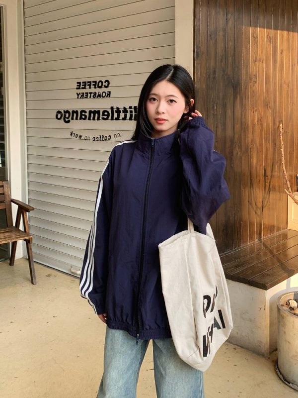 Korean Style Three Stripes Zipper Cardigan Jacket for Women - Loose Sports Casual Summer Coat with Stand Collar and Sun Protection