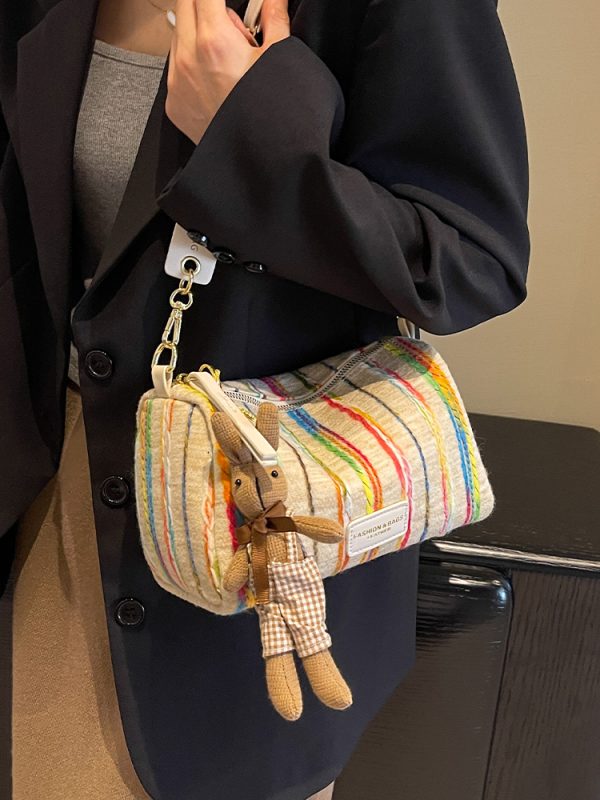 Korean-Style Trendy Women's Rainbow Woven Boston Bag - Versatile Autumn/Winter Shoulder Bag for 2025 Fashion