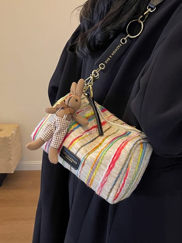 Korean-Style Trendy Women's Rainbow Woven Boston Bag - Versatile Autumn/Winter Shoulder Bag for 2025 Fashion