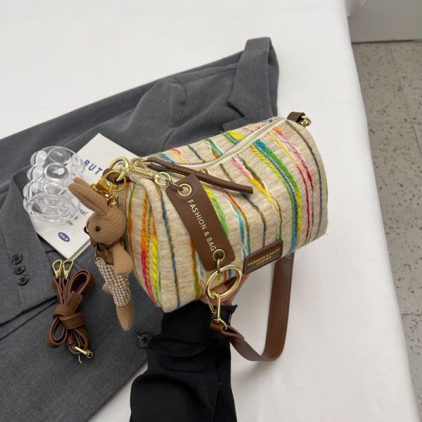 Korean-Style Trendy Women's Rainbow Woven Boston Bag - Versatile Autumn/Winter Shoulder Bag for 2025 Fashion