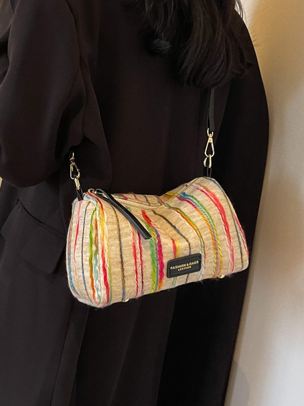 Korean-Style Trendy Women's Rainbow Woven Boston Bag - Versatile Autumn/Winter Shoulder Bag for 2025 Fashion