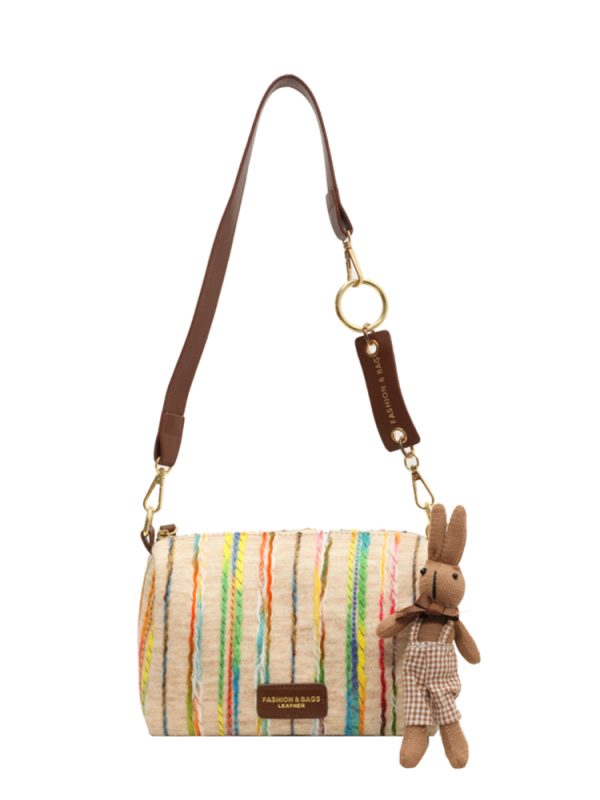 Korean-Style Trendy Women's Rainbow Woven Boston Bag - Versatile Autumn/Winter Shoulder Bag for 2025 Fashion