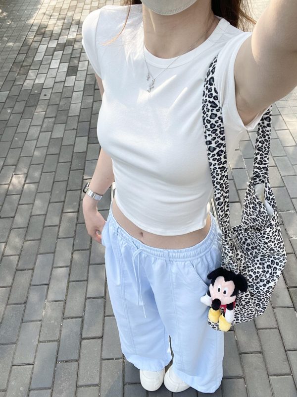 Korean Style White Shoulder-Fitted Slim T-Shirt for Women, Waist-Cinching Non-Transparent Cotton Short Sleeve Top, 2025 Summer Fashion