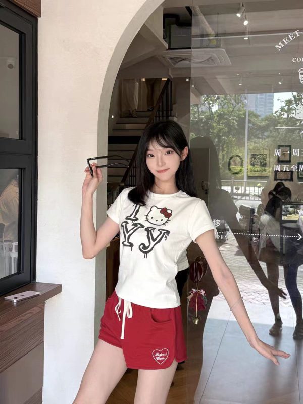 Korean Vintage Hello Kitty Letter Print White Round Neck Short Sleeve Slim Fit Women's Top 90s Y2K Style