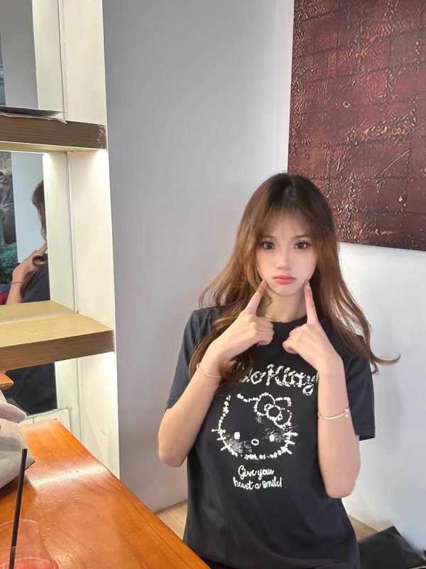 Korean Vintage Hello Kitty Letter Print White Round Neck Short Sleeve Slim Fit Women's Top 90s Y2K Style