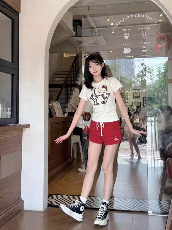 Korean Vintage Hello Kitty Letter Print White Round Neck Short Sleeve Slim Fit Women's Top 90s Y2K Style