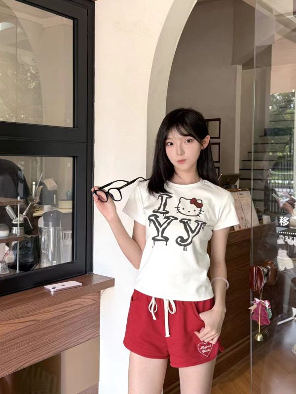 Korean Vintage Hello Kitty Letter Print White Round Neck Short Sleeve Slim Fit Women's Top 90s Y2K Style