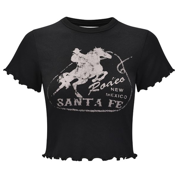 Lace Edge Printed Round Neck Short Sleeve T-Shirt for Women - European American Style Slim Fit High Waist Top, 90s Inspired