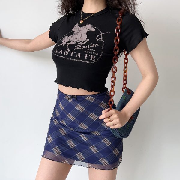 Lace Edge Printed Round Neck Short Sleeve T-Shirt for Women - European American Style Slim Fit High Waist Top, 90s Inspired