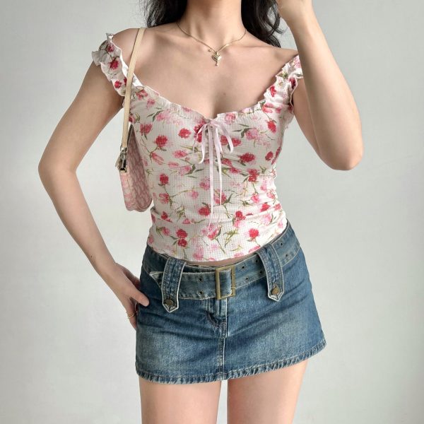 Lace Edge Printed Sleeveless Slim Top for Women - European American Style Summer Fashion