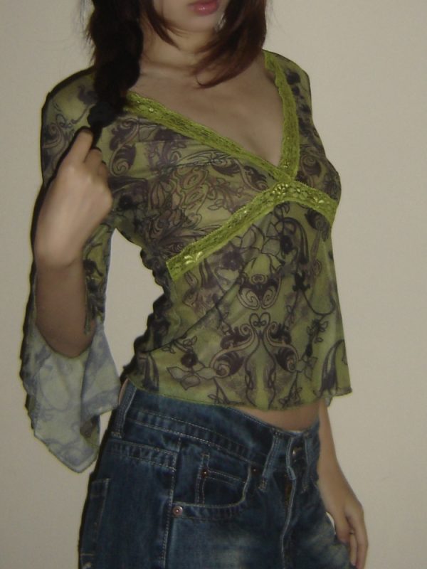 Lace Green Chiffon Low-Cut V-Neck Waist-Defining Sheer Top - Sexy Y2K Style for Trendy Hot Girls