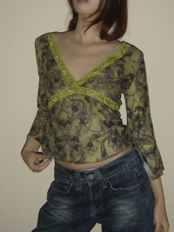 Lace Green Chiffon Low-Cut V-Neck Waist-Defining Sheer Top - Sexy Y2K Style for Trendy Hot Girls
