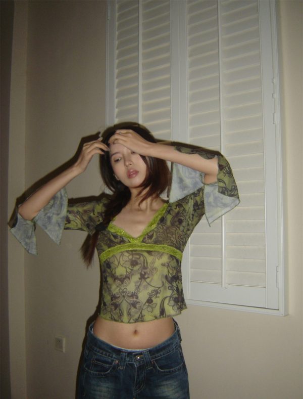 Lace Green Chiffon Low-Cut V-Neck Waist-Defining Sheer Top - Sexy Y2K Style for Trendy Hot Girls