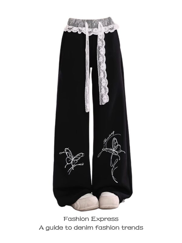 Lace Spliced Black Pants for Women - Summer Casual Loose BF Style, 2025 Trendy Butterfly Design, Y2K Inspired Sweatpants