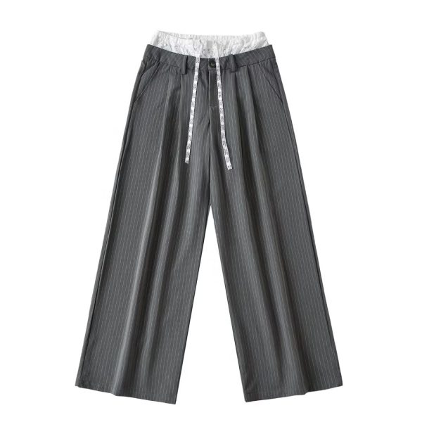 Lace Spliced Low Waist Loose Slimming Striped Wide Leg Pants for Women - Casual 2025 Fashion Trend