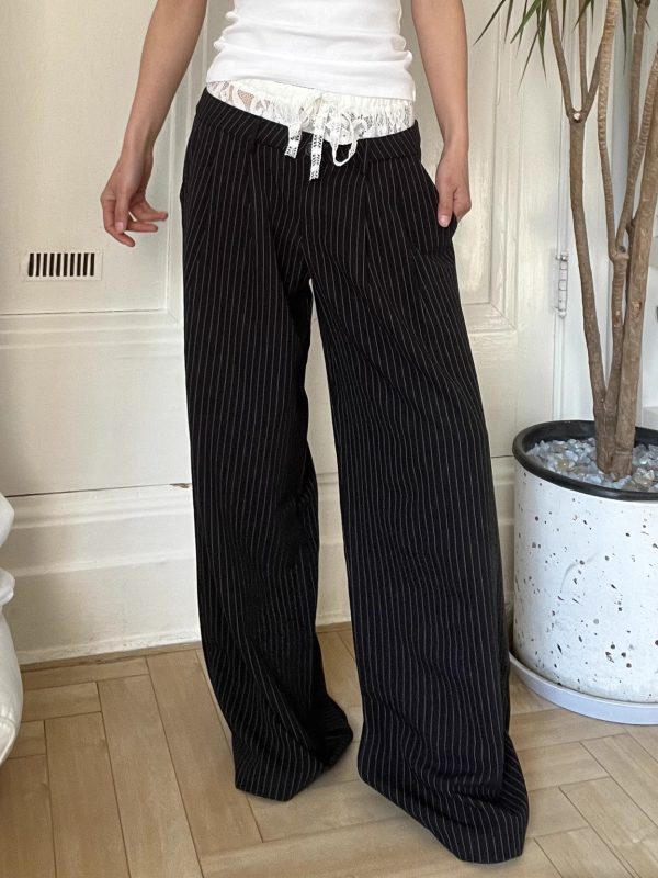 Lace Spliced Low Waist Loose Slimming Striped Wide Leg Pants for Women - Casual 2025 Fashion Trend