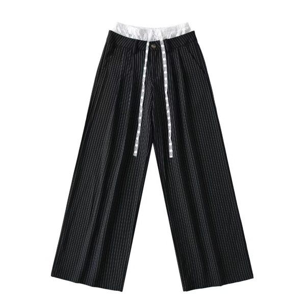 Lace Spliced Low Waist Loose Slimming Striped Wide Leg Pants for Women - Casual 2025 Fashion Trend
