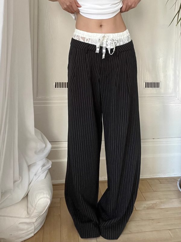 Lace Spliced Low Waist Loose Slimming Striped Wide Leg Pants for Women - Casual 2025 Fashion Trend