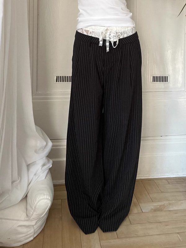 Lace Spliced Low Waist Loose Slimming Striped Wide Leg Pants for Women - Casual 2025 Fashion Trend
