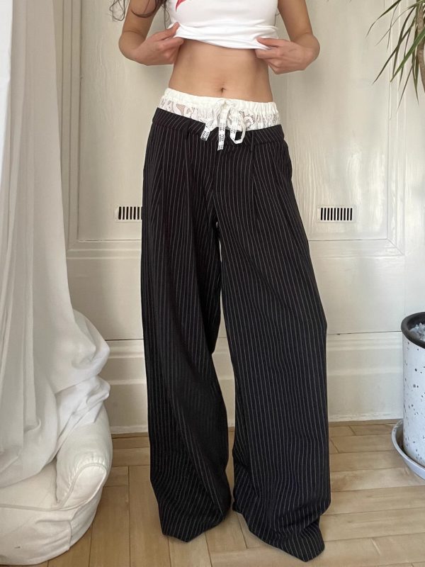 Lace Spliced Low Waist Loose Slimming Striped Wide Leg Pants for Women - Casual 2025 Fashion Trend