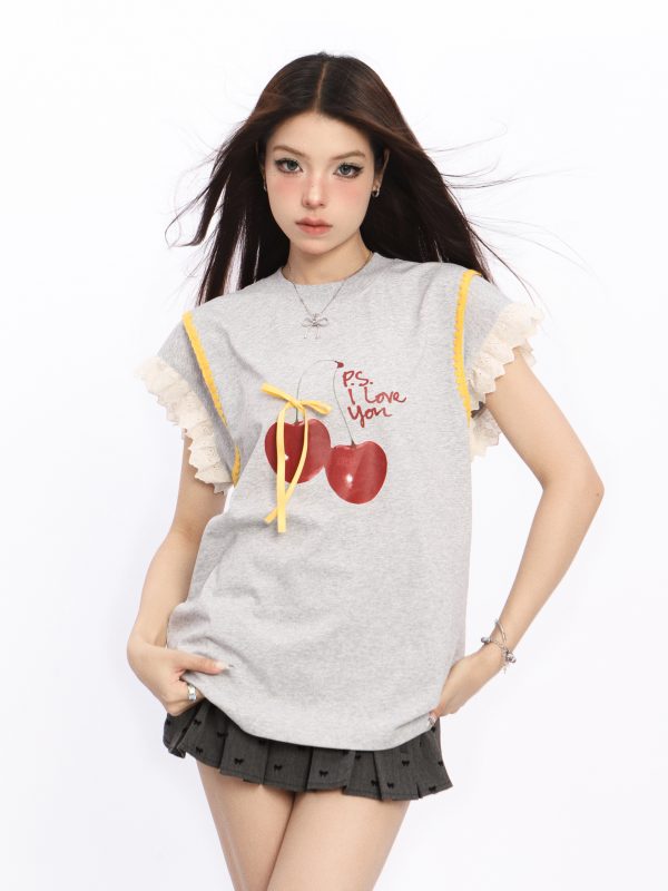 Lace Spliced Short Sleeve T-Shirt for Women with Flutter Sleeves - Cherry Sweet Spicy Summer Top, Trendy Y2K Style