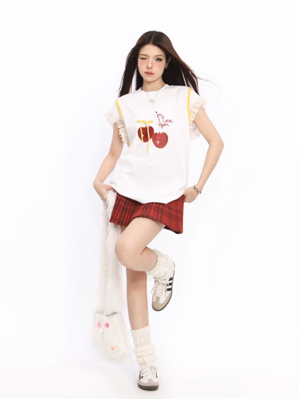 Lace Spliced Short Sleeve T-Shirt for Women with Flutter Sleeves - Cherry Sweet Spicy Summer Top, Trendy Y2K Style