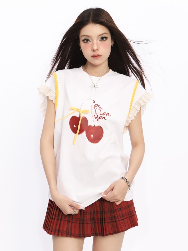 Lace Spliced Short Sleeve T-Shirt for Women with Flutter Sleeves - Cherry Sweet Spicy Summer Top, Trendy Y2K Style