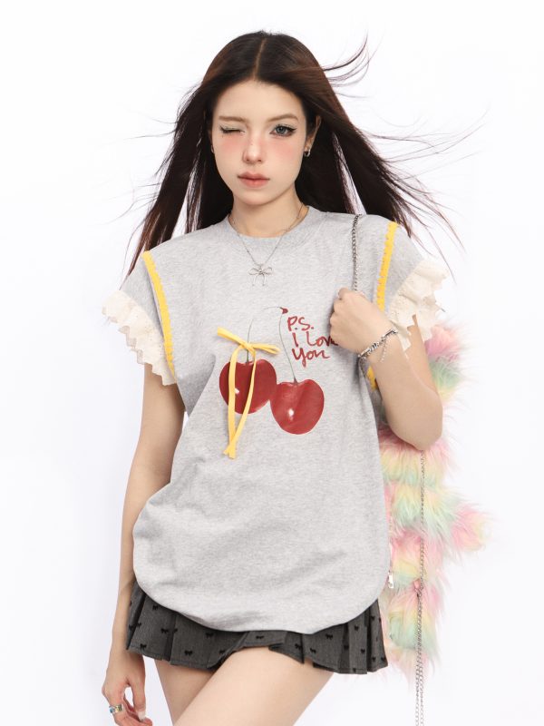 Lace Spliced Short Sleeve T-Shirt for Women with Flutter Sleeves - Cherry Sweet Spicy Summer Top, Trendy Y2K Style