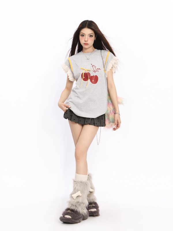 Lace Spliced Short Sleeve T-Shirt for Women with Flutter Sleeves - Cherry Sweet Spicy Summer Top, Trendy Y2K Style