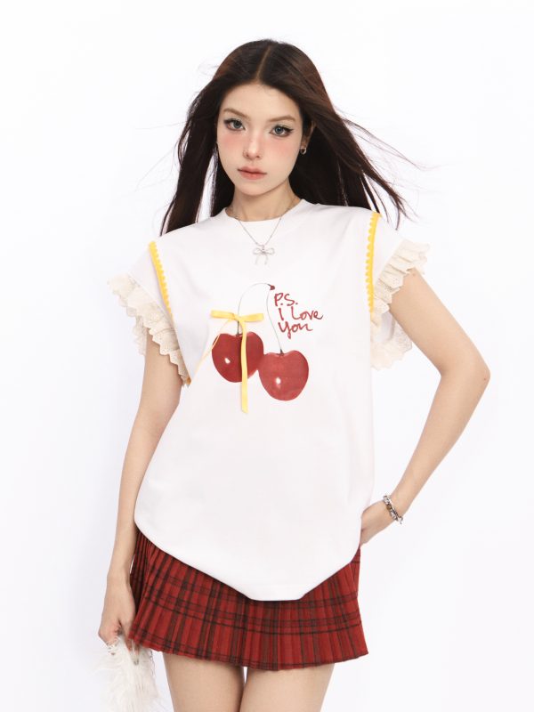 Lace Spliced Short Sleeve T-Shirt for Women with Flutter Sleeves - Cherry Sweet Spicy Summer Top, Trendy Y2K Style