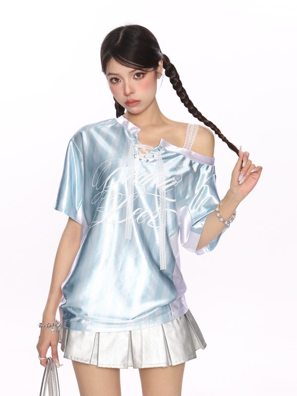 Lace Spliced Striped Asymmetrical Shoulder Sleeveless T-Shirt for Women - Summer Slim Fit Sporty Top, Trendy Y2K Style