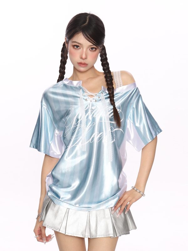 Lace Spliced Striped Asymmetrical Shoulder Sleeveless T-Shirt for Women - Summer Slim Fit Sporty Top, Trendy Y2K Style