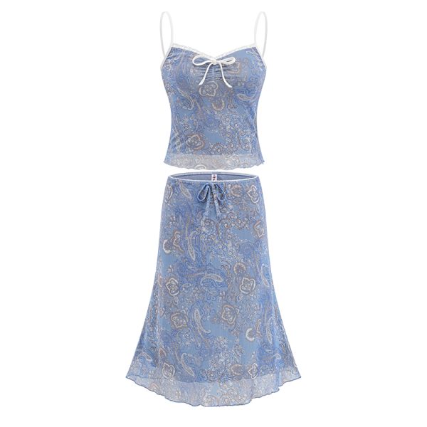 Lace Trim Mesh Floral Camisole & A-Line Skirt Set for Women - European American Style, Perfect for 90s Y2K Fashion Lovers