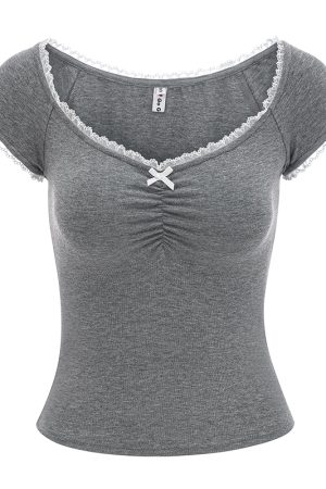 Lace Trim Solid Color U-neck Short Sleeve T-shirt for Women - Slim Fit Casual Top in European American Style, Perfect for Y2K Fashion