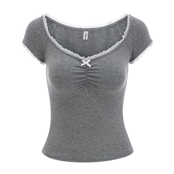 Lace Trim Solid Color U-neck Short Sleeve T-shirt for Women - Slim Fit Casual Top in European American Style, Perfect for Y2K Fashion