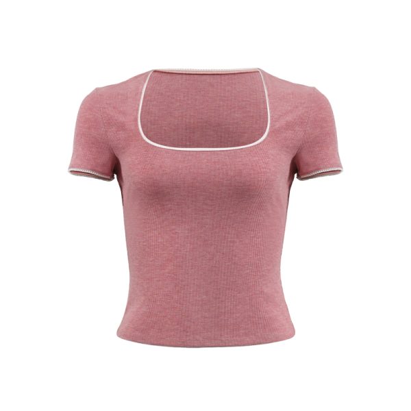 Lace Trim Square Collar Short Sleeve T-Shirt for Women - Slim Fit, Flattering, Sexy Cropped Top in Pure Desire Style