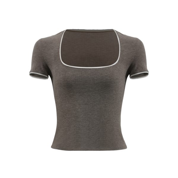 Lace Trim Square Collar Short Sleeve T-Shirt for Women - Slim Fit, Flattering, Sexy Cropped Top in Pure Desire Style