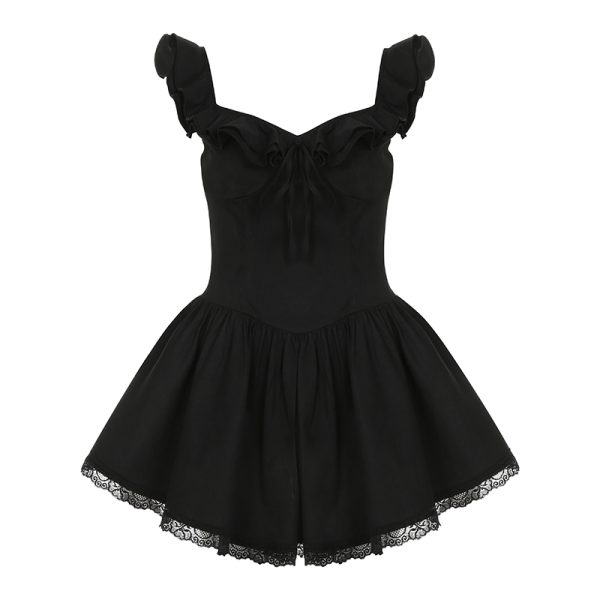 Lace-Trimmed Low-Neck Little Black Dress with A-Line Silhouette and Pleated Skirt - Elegant Hepburn Style for Effortless Chic
