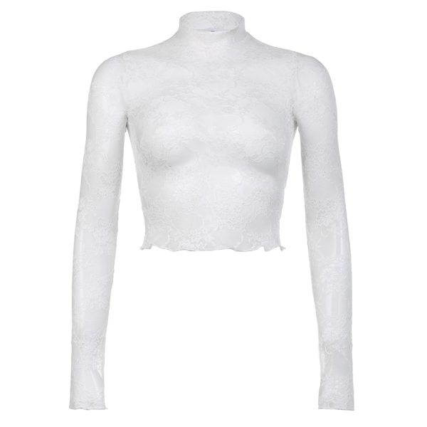 Lace-Trimmed Sheer Round-Neck T-Shirt - Ballet-Style Slim Fit Top for a Sexy French Look, Perfect for Y2K and Chic Fashion Lovers