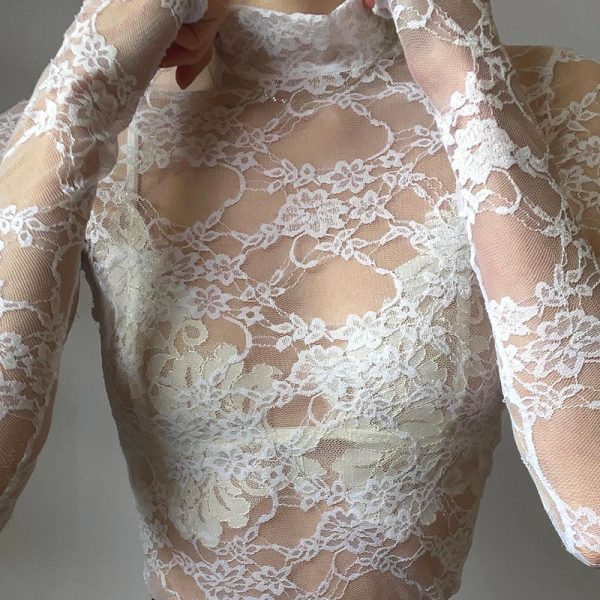 Lace-Trimmed Sheer Round-Neck T-Shirt - Ballet-Style Slim Fit Top for a Sexy French Look, Perfect for Y2K and Chic Fashion Lovers