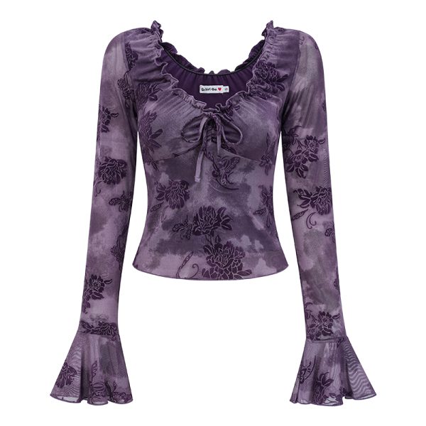 Lace-Trimmed Tie-Dye Velvet T-Shirt for Women - Slim-Fit Bell Sleeve Top in Purple, European and American Style, Y2K Fashion