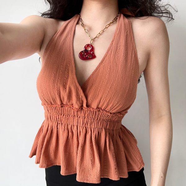 Lace-Up Halter Deep V-Neck Backless Shirt for Women - European American Style, Trendy Y2K Fashion Top