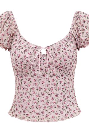 Lace-Up Hollow Floral Puff Sleeve T-Shirt for Women - Slim Fit European American Style Top, Perfect for Casual Outings and 90s Fashion