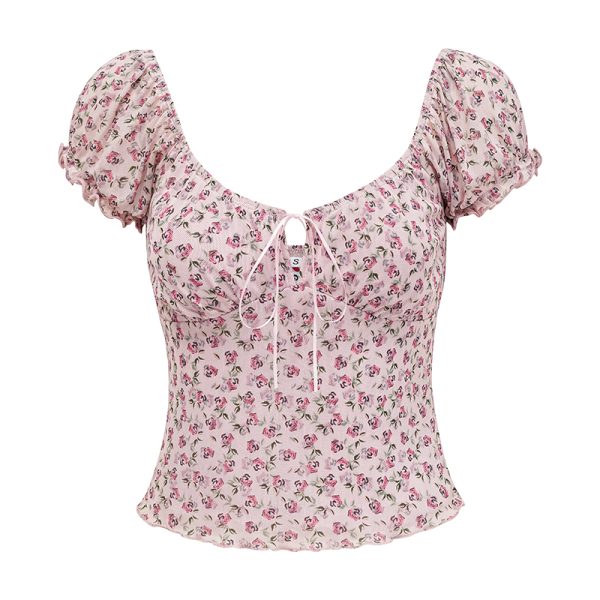 Lace-Up Hollow Floral Puff Sleeve T-Shirt for Women - Slim Fit European American Style Top, Perfect for Casual Outings and 90s Fashion