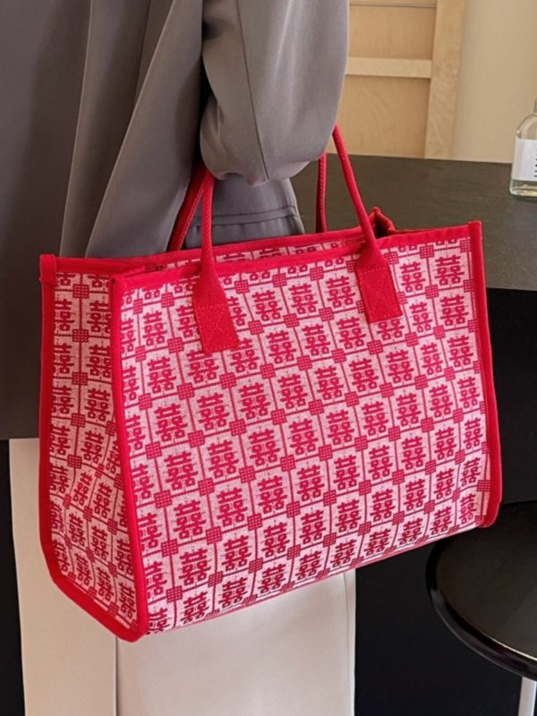 Large Capacity Canvas Bride Tote Bag for Weddings - Joy Character Design, Red Shoulder Bag, 2025 New Style