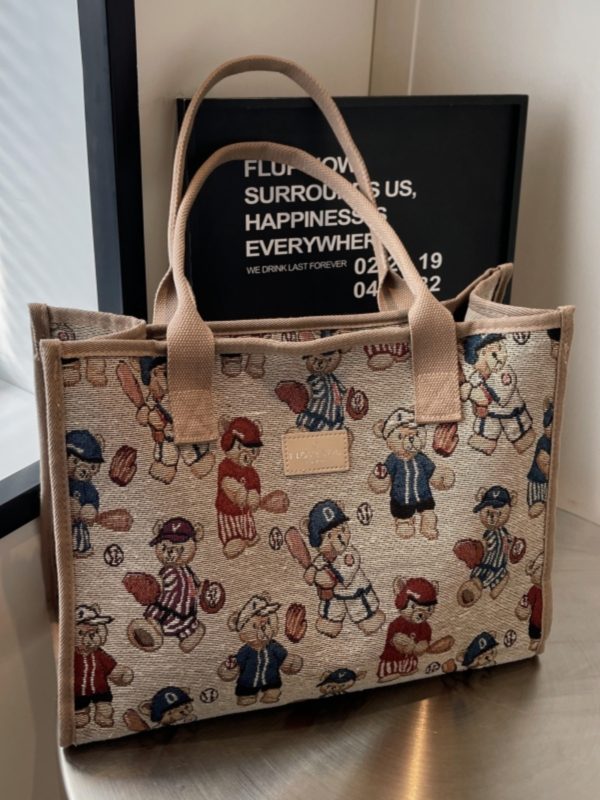 Large Capacity Cartoon Bear Canvas Tote Bag for Women - Stylish Commuting and Shopping Shoulder Bag for Short Trips