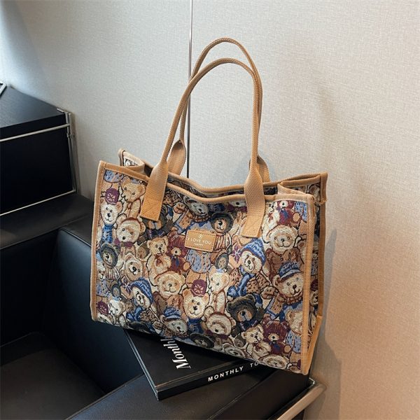Large Capacity Cartoon Bear Canvas Tote Bag for Women - Stylish Commuting and Shopping Shoulder Bag for Short Trips