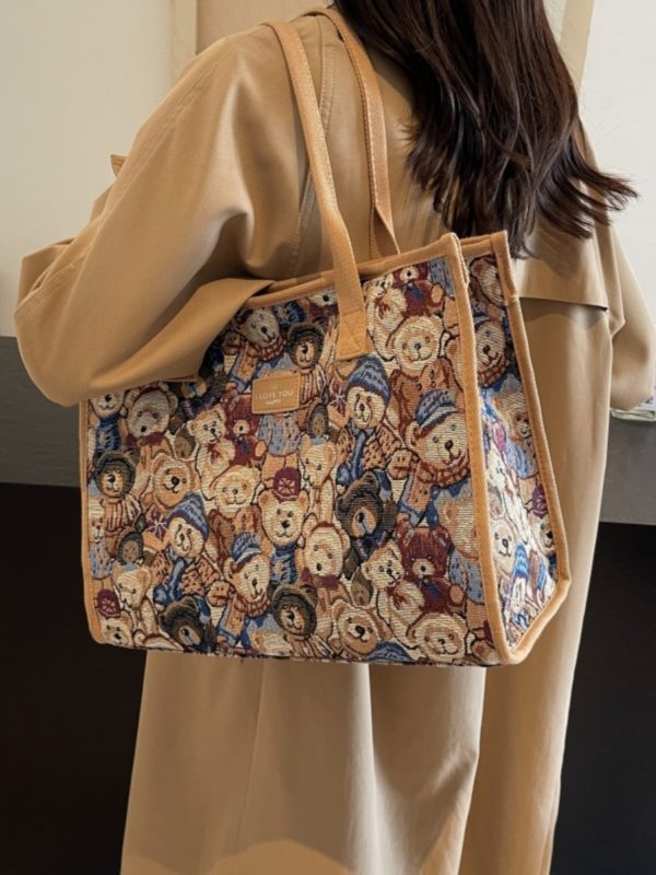 Large Capacity Cartoon Bear Canvas Tote Bag for Women - Stylish Commuting and Shopping Shoulder Bag for Short Trips