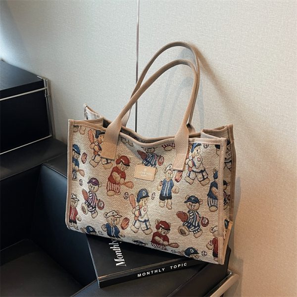 Large Capacity Cartoon Bear Canvas Tote Bag for Women - Stylish Commuting and Shopping Shoulder Bag for Short Trips