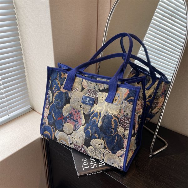 Large Capacity Cartoon Bear Canvas Tote Bag for Women - Stylish Commuting and Shopping Shoulder Bag for Short Trips